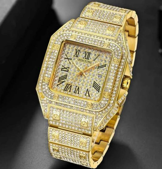 Gold Iced-Out Square Stone Watch